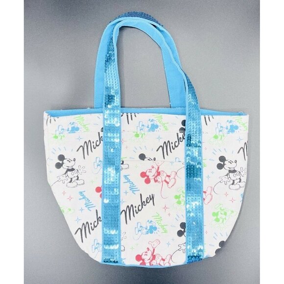 Disney Store Mickey Mouse Canvas Tote Bag Turquoise Sequins Kids Small Size - Picture 1 of 6